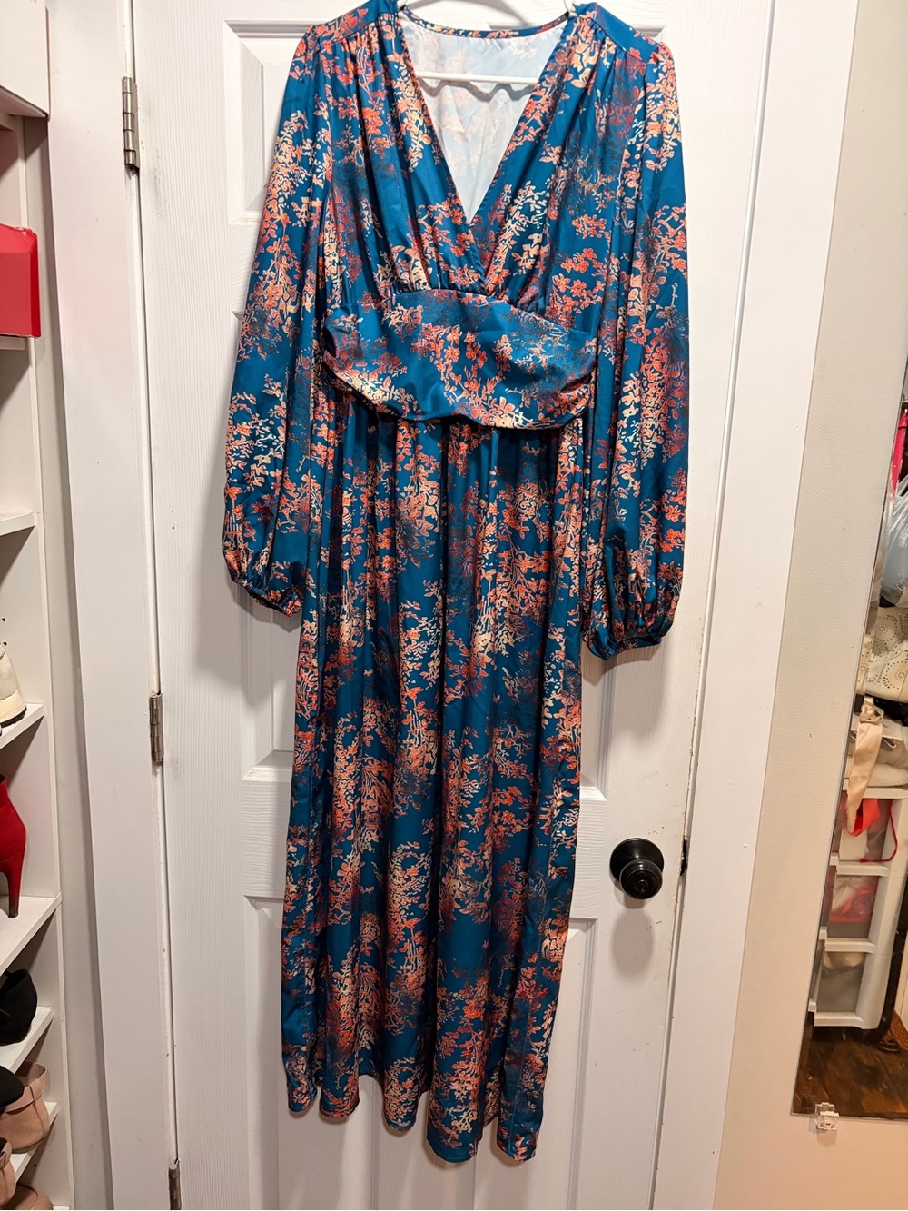 Teal Floral Maxi Dress with V-Neck